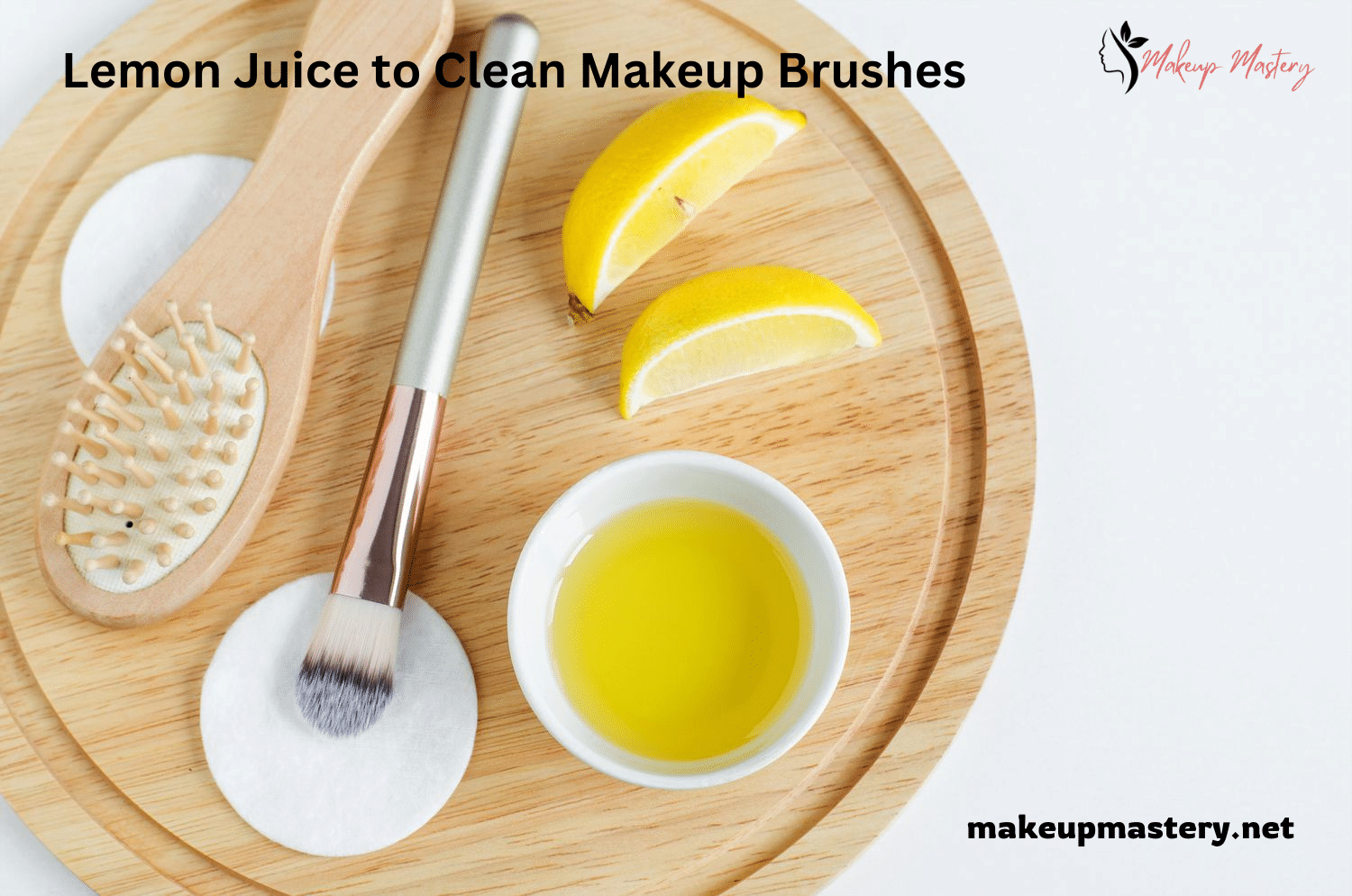 lemon juice 2 slices a makeup brush and a hairbrush placed on a wooden tray